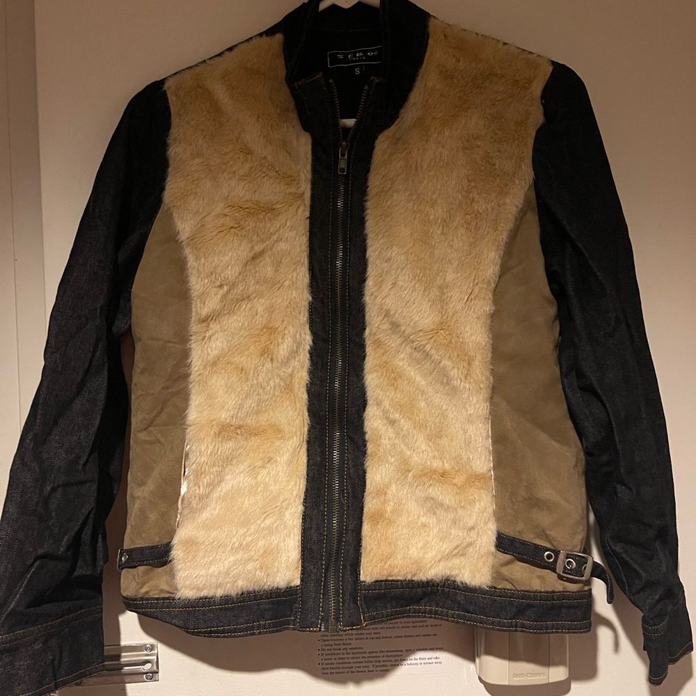 Really sweet faux fur, suede & denim jacket